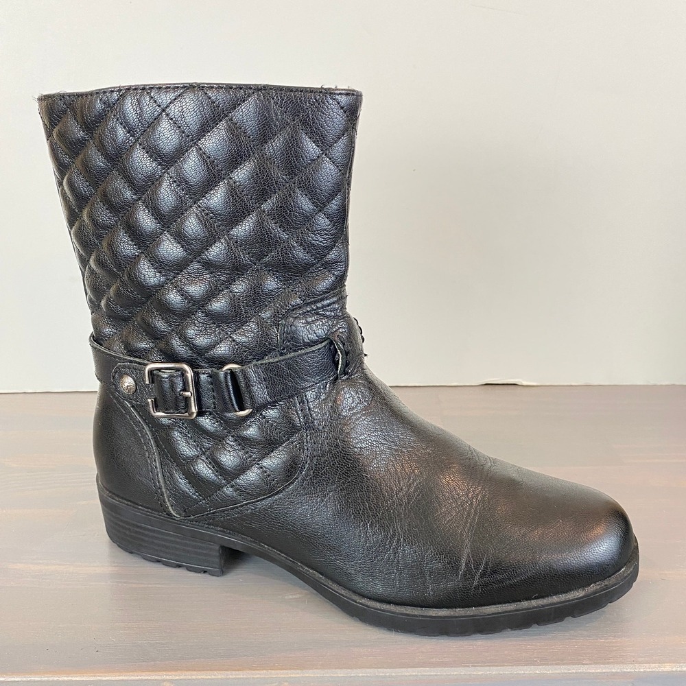 Anne Klein Flex Black Quilted Leather Ankle Boots Women 11M Bikercore Rider Boot